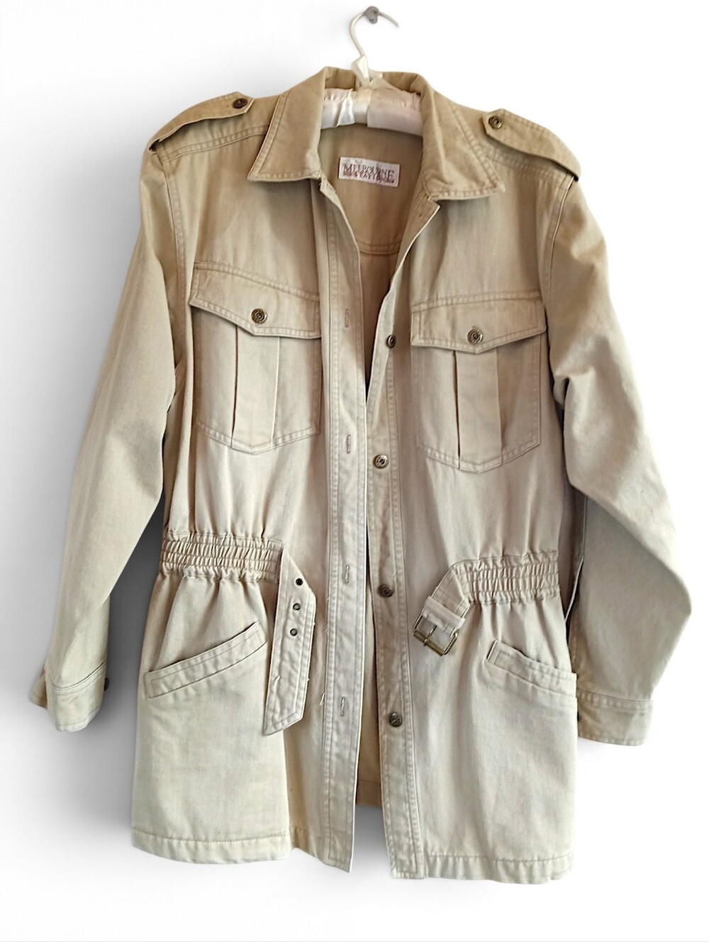 80s Outback Utility Jacket Beige Tan Drawstring Waist Vintage Safari Vibes Long